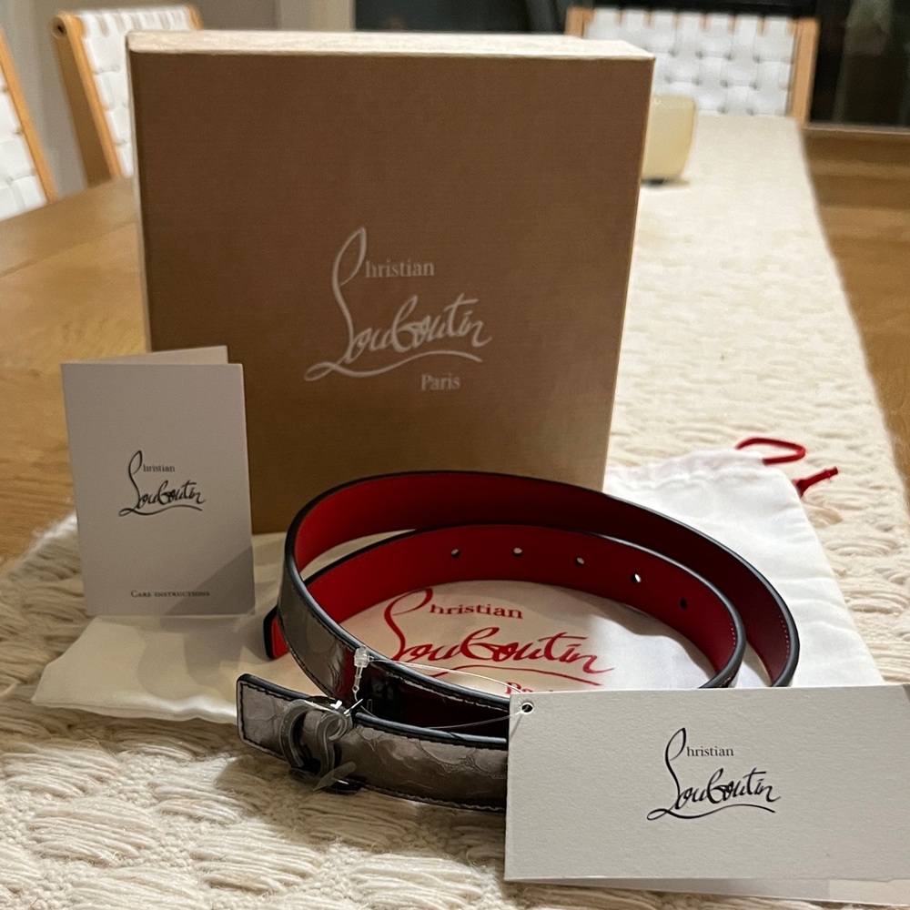 NWT Christian Louboutin Athracite Gun Metal Black Belt with Red Interior